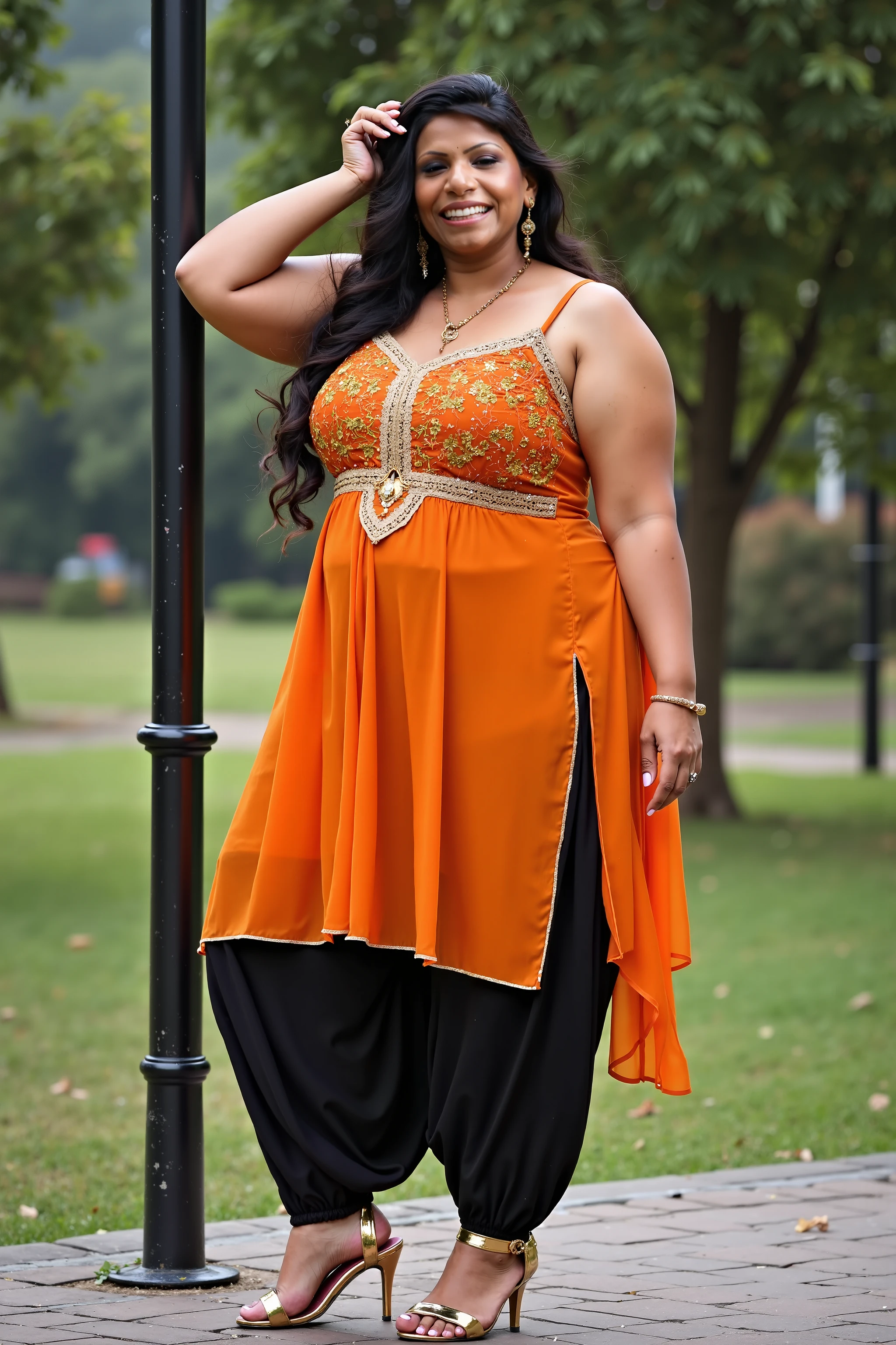 Sabitri Chatterjee bengali actress beautiful actress sexy curvy plus size model woman in a different red black yellow color Fit and flare Dress in village house, manga mala necklace ornament in necklace for wedding, Head Jewelry for wedding, busty, small curvy, mid body shot, she has a jiggly fat round belly, thick body, village area background.