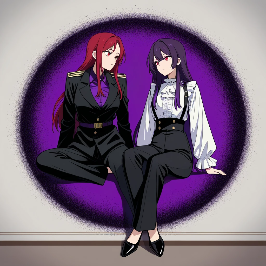 score_9, score_8_up, score_7_up, silhouette, simple background, <lora:Silhouette_SakuraTaisen_pdxl_Incrs_v1:1>, [2girls:1girl, solo:4], raiden shogun, sitting, chair, crossed legs,