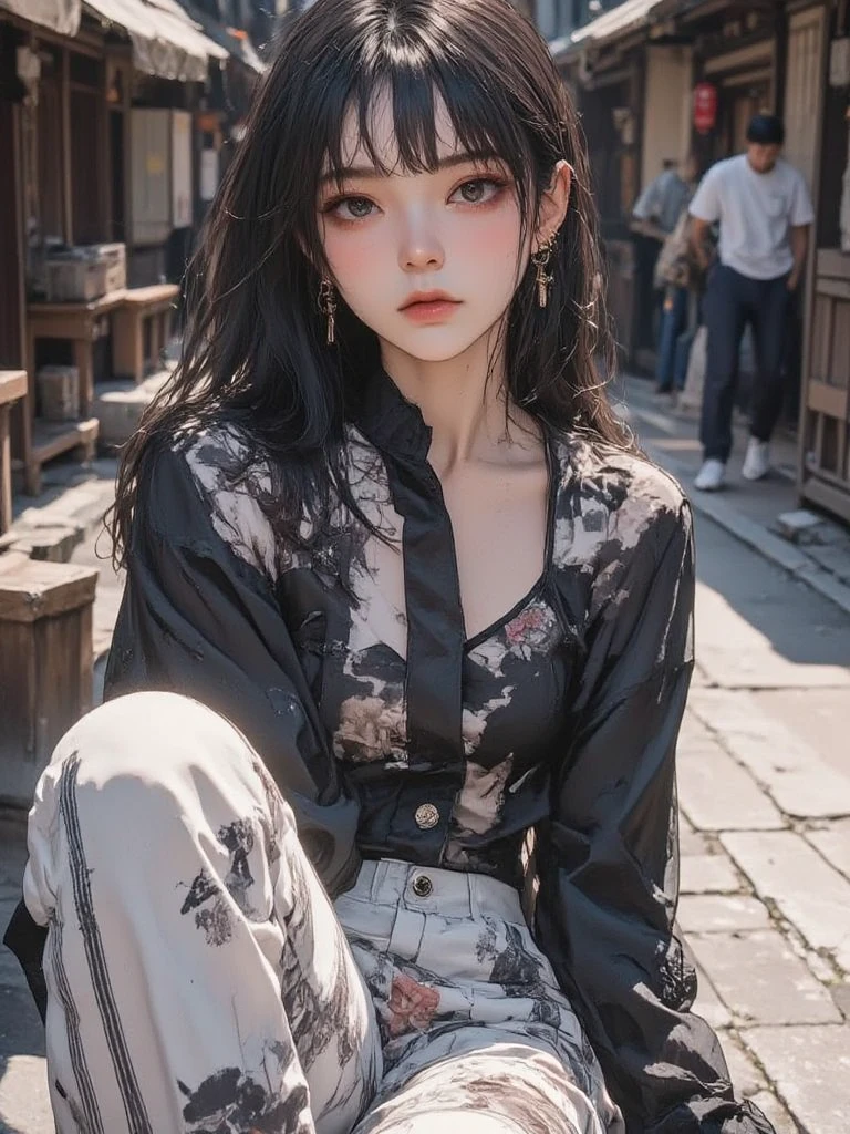 female,natural makeup,Healthy, radiant skin  ,Modest lips, intellectual,  cool look, thick, Straight eyebrows,length, Hollow Eyes, Hairstyle is a shortcut,  Chester Court,Striped straight pants, Sophisticated Lines, see-through inner ,Black and White、based on navy and other muted colors,Brilliant accessories,stylish appearance,Slightly Relaxed Posture,The background is Yamadera in Yamagata