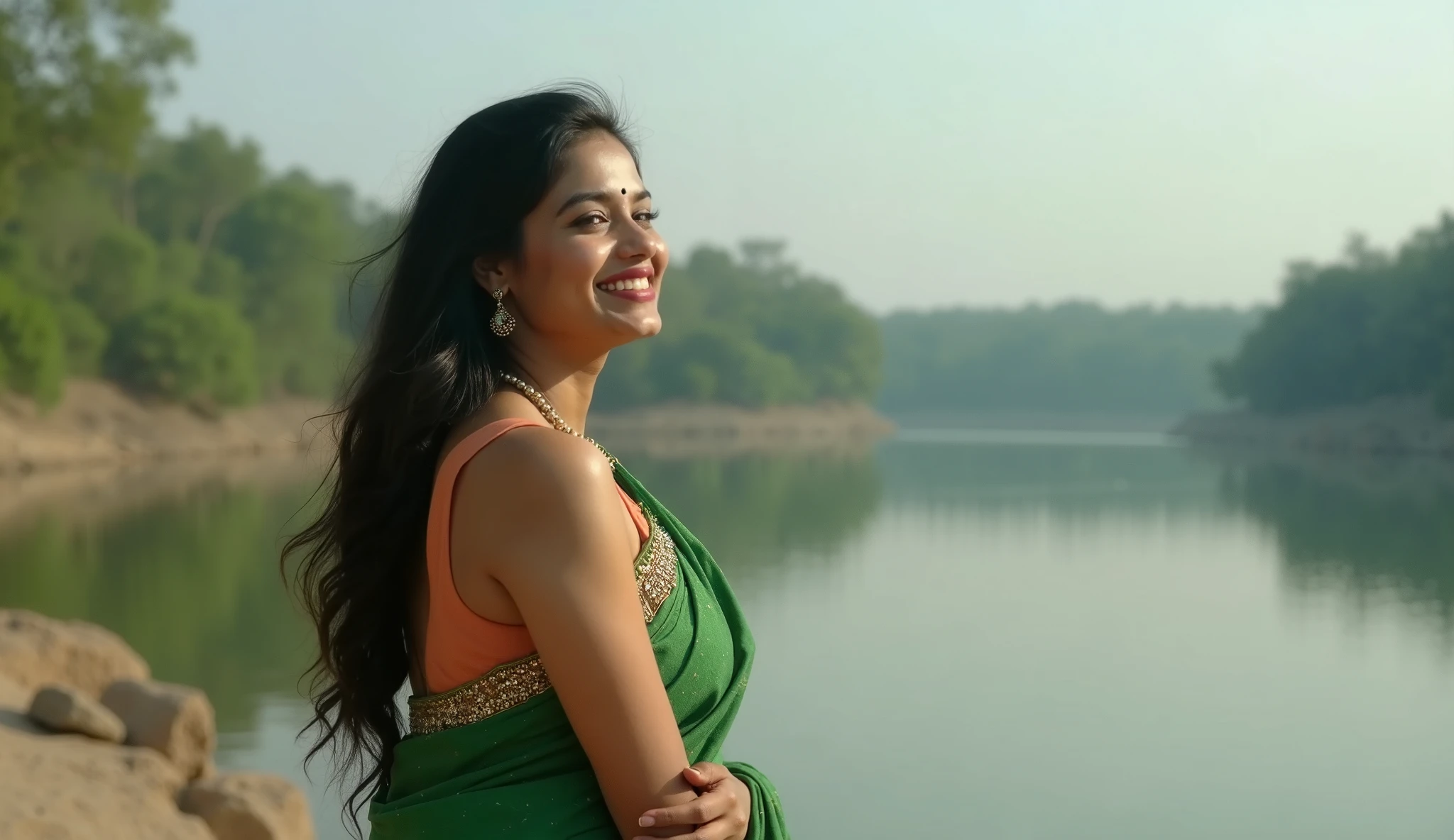 Can you show me a beautiful Indian girl with saree and bra and the background of waterfall and make her boobs big 