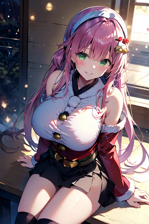 1 girl, game CG, floral blue kimono, shoulders and cleavage visible, white panties, gigantic breasts, pink hair, long hair, braids, princess hairstyle, ahoge, pink eyes, night, drunk, blush, lying on back,