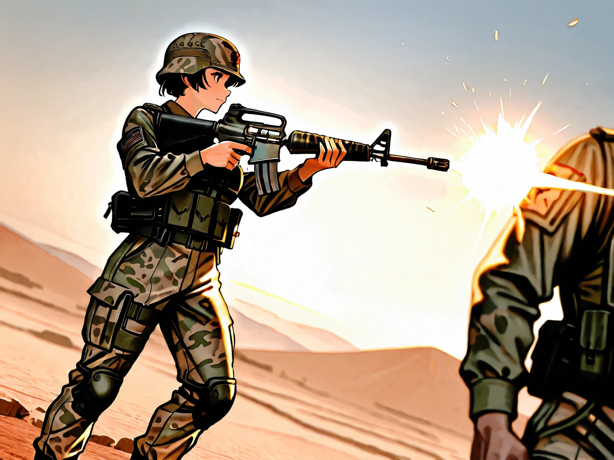 Masterpiece, best quality, high resolution, highly detailed. Under the blazing sun of a vast desert firing range at Fort Bragg, a squad of U.S. Army soldiers stands at the ready, their gazes fixed with unwavering determination. Clad in camouflaged uniforms, they grip their c-m16 rifles tightly, the metal glinting in the intense light. Around them, the dry, rugged landscape stretches endlessly, punctuated only by the distant hills and the faint echo of gunfire in the air. Each soldier embodies focus and discipline, preparing to unleash a symphony of precision and power on the target ahead. Side view, Cinematic lighting, Dutch angle, depth of field.
