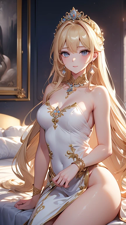 cinematic lighting, reflection light, tachi-e, cowboy shot, UHD, ((masterpiece)), ((best quality)), highres, (textured skin), 8k, beautiful woman looking back, silk dress, Noble, princess, queen, blonde, half updo, hair flaps, tiara, crystal earrings