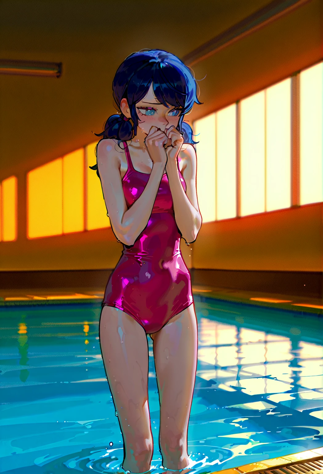 score_9, score_8up, Mulan, female, black hair, black eyes, two curly top hair knot buns with two curly hair strands on the side, strapless bathing suit, small breasts, solo, cleavage