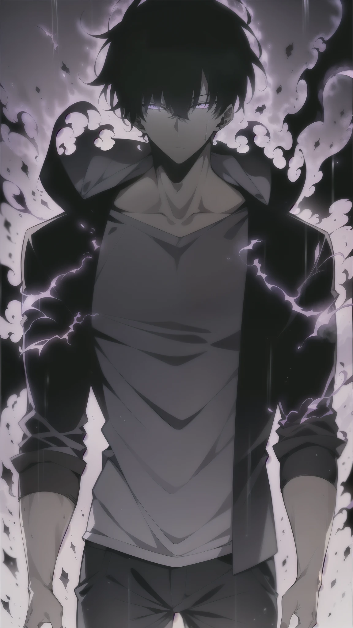 Super detailed 8K masterpiece portrait of a lone male character inspired by Kaneki Ken in Tokyo Ghoul, in the art style of Solo Leveling. short black hair, bright purple eyes, pale skin , cinematic light, Strong depth of field. Black hood, rain drenched, standing alone in dark Tokyo cityscape. Hair partially covering the face, gaze attentively looking at the viewer, somber and dramatic expression. luxurious fabric motifs on clothes, ray tracing reflection, extremely sharp detail, high contrast shadow, serene atmosphere. Solitary focus, aesthetics of the core male protagonists, anime style with a modern touch, Strong.