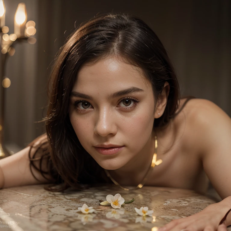 18 year old Sarah Hyland, (((naked))), (((sleeping in a massage parlor))), shy, worried, hiding, ((face blushing)), (minimal jewelry), choker, long hair, scared, massage oil on body, (((perfect legs)))
