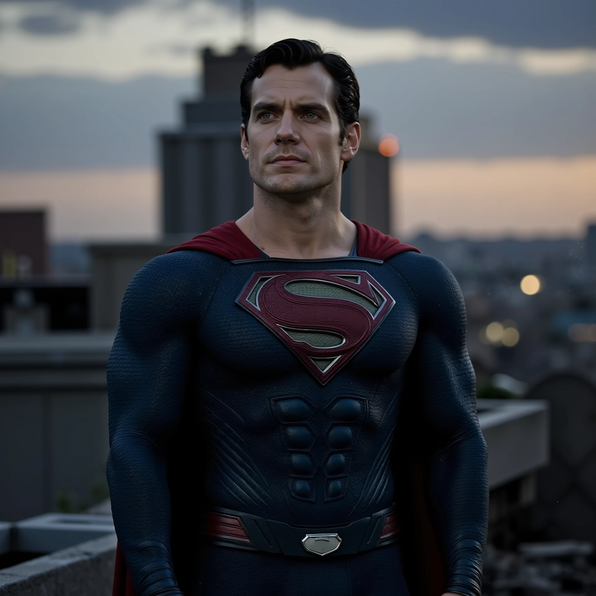 A high-quality, 3D-rendered, image of Henry Cavill as Superman on a destructed building Rooftop. He is wearing his iconic blue Superman Costume. movie scene, upper body shot. Dusk city far behind him.