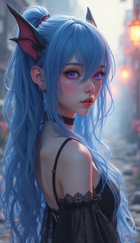 masterpiece, blue Hair, Disheveled long hair, Street background, beautiful, elegant. Extremely fine detail, Master Works, Authentic texture, Realism in film lighting, Perfect job, 16k, High resolution, exquisite features,blue eyes、Japanese Idols、Beautiful face、Cute Smile、blue hair、ponytail、glamorous、( Big Breasts、pink nipples)< Bright big eyes, Smooth skin, Earrings, necklace, (Lots of tattoos), nude, pink nipple