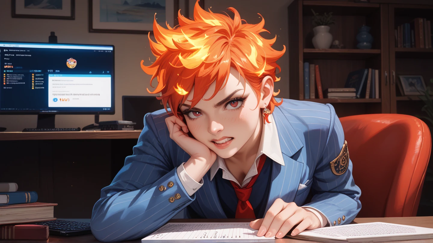 1 girl, masterpiece, best quality, highres, ro1, Misty from pokemon, green eyes, half-closed eyes, spectacles), a come-hither face, smirk , parted lips, nose blush, blush, facing viewer, looking at viewer, solo, business suits, business jacket, dark blue jacket, white y-shirts(buttons), necktie, pleats skirt,dark blue skirt, black lace thighhighs, in the classroom, night time, , sitting, sitting on desk, spread legs, black lace panties, come-on, lure,, Sexy waist teasing, , from_below , full body