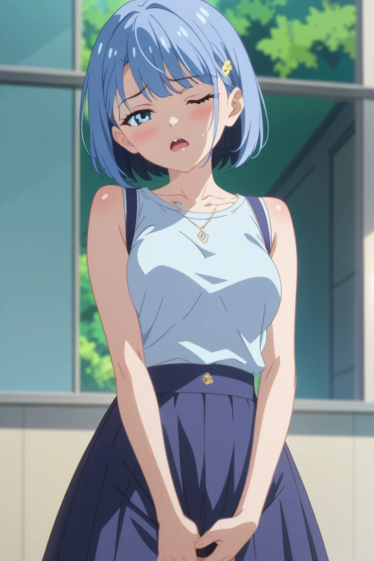 (((megami magazine))),(​masterpiece)), ((top-quality)), (The ultra-detailliert), ((kawaii)), cute little, (Detailed body line depiction), ((detailed face depiction)),((ighly detailed)), 4K、 (8K), top-quality, (Beautiful fece),(((World-class quality))), ighly detailed, hight resolution,(((独奏))),((((blue green hair)))).((((shinny hair)))),(((White and beautiful skin))),(((Detailed udder))), (((Beautiful blue-green eyes))),(((Short bob hair)))),(((Ahoge))),Small udder、(((Pale beige front opening short sleeve sailor suit)))、((Pull up a dark blue skirt)),(((Floral lace panties)))、(((Breasts out)))、(((Show panties)))、(((Bold poses)))、(((gently smiling)))、(((Composition looking up from below)))、acrobatic pose、((Hair flutters in the wind))、(((On the mat in the gymnasium))),crouching down