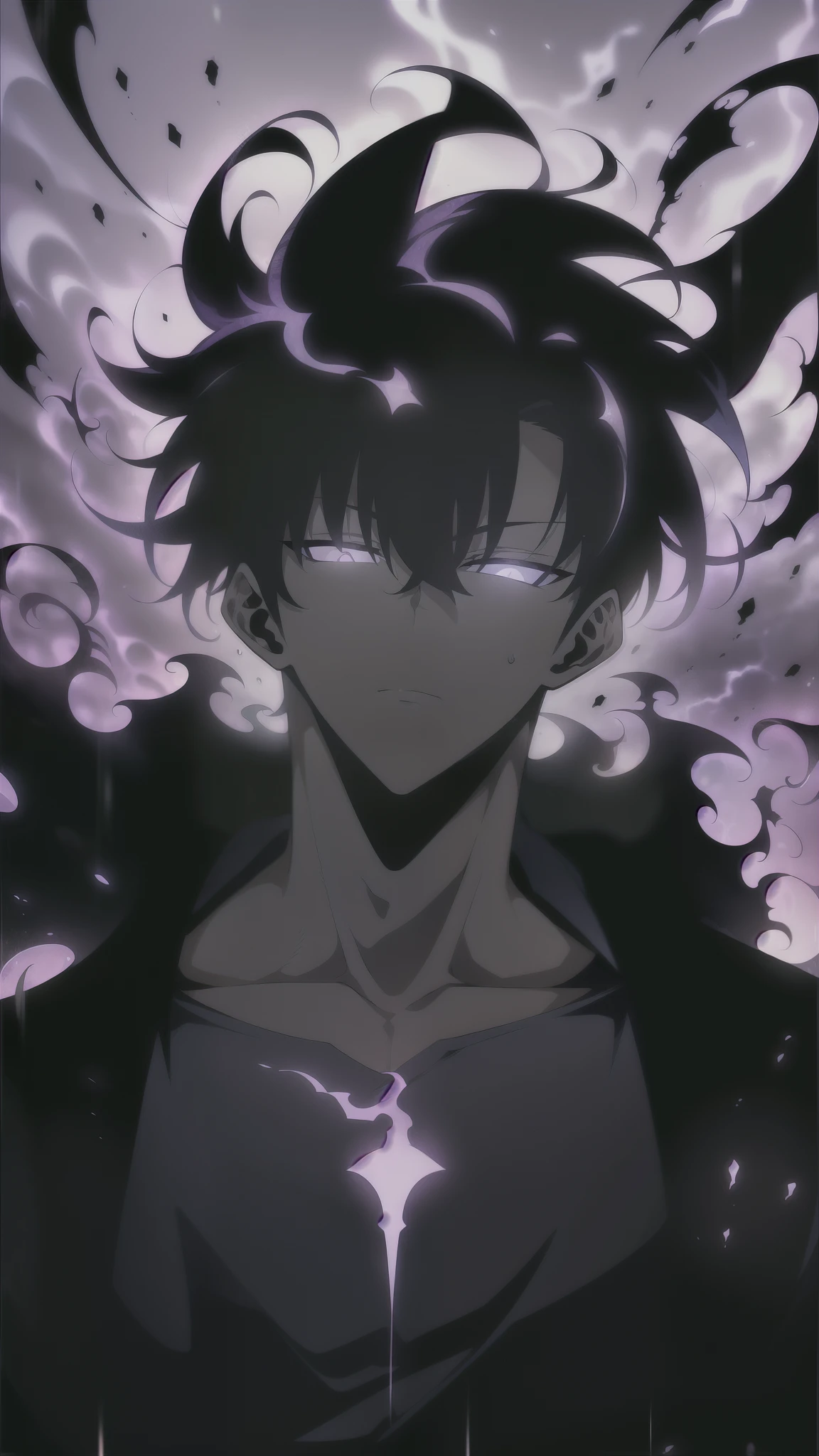 Super-detailed 8K masterpiece full-body portrait of a lone male assassin character inspired by Kaneki Ken in Tokyo Ghoul, laugh confidently, cruel, in the art style of Solo Leveling. short black hair, glowing purple eyes, pale skin , cinematic light, Strong depth of field. Black hood, rain drenched, standing alone in dark Tokyo cityscape. Hair partially covering the face, gaze attentively looking at the viewer, somber and dramatic expression. luxurious fabric motifs on clothes, ray tracing reflection, extremely sharp detail, high contrast shadow, serene atmosphere. Solitary focus, aesthetics of the core male protagonists, anime style with a modern touch, Strong.