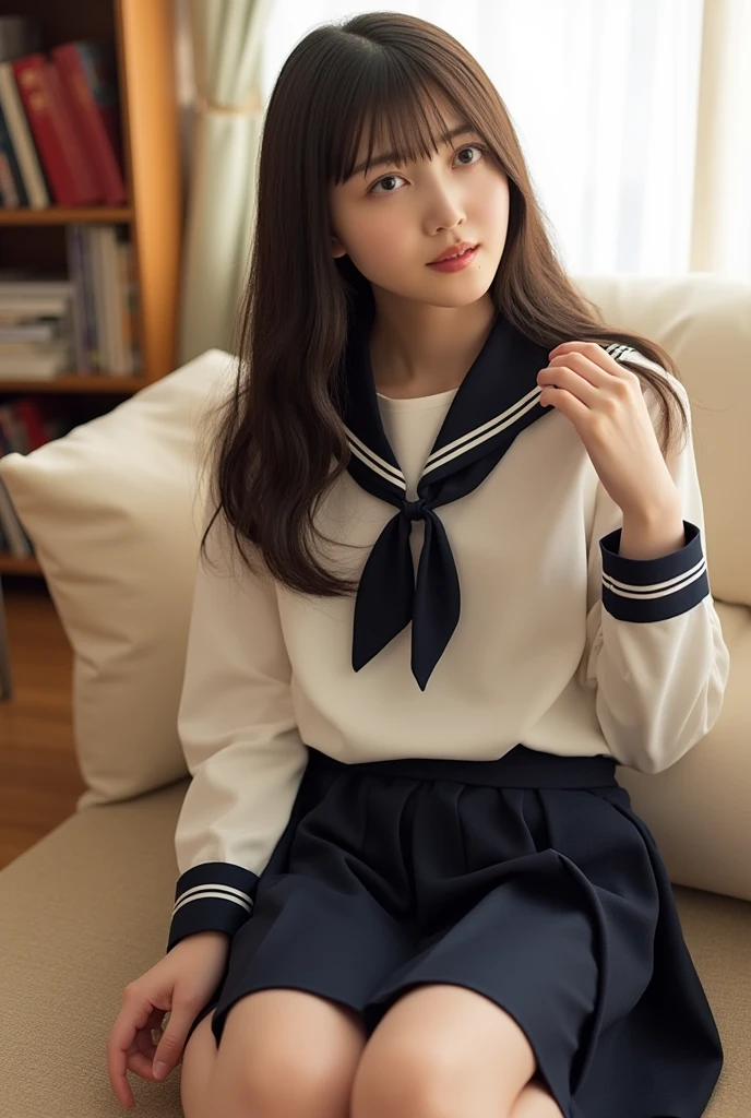 ((highest quality、8k、masterpiece:1.3)),((((fullbdy shot)))),Ultra-high resolution,big eyes,Japanese,forehead,bangs,(a girl),(1 girl),((16 years old)),((cute)),pretty,((facing at viewer)),(long hair),(((black sailor uniform))),grin,standing