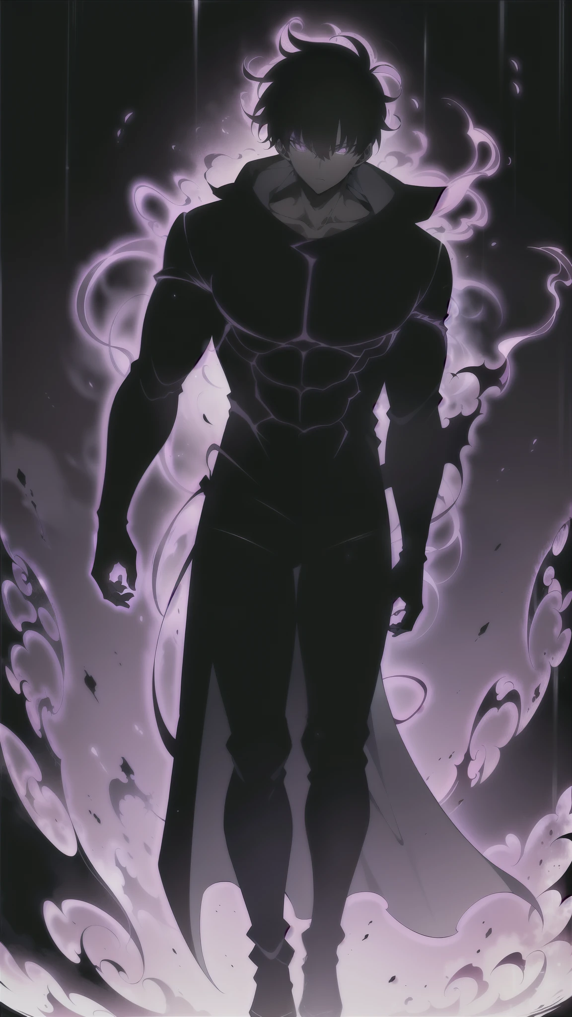 Super-detailed 8K masterpiece full-body portrait of a lone male assassin character inspired by Kaneki Ken in Tokyo Ghoul, laugh confidently, cruel, in the art style of Solo Leveling. short black hair, glowing purple eyes, pale skin , cinematic light, Strong depth of field. Black hood, rain drenched, standing alone in dark Tokyo cityscape. Hair partially covering the face, gaze attentively looking at the viewer, somber and dramatic expression. luxurious fabric motifs on clothes, ray tracing reflection, extremely sharp detail, high contrast shadow, serene atmosphere. Solitary focus, aesthetics of the core male protagonists, anime style with a modern touch, Strong.