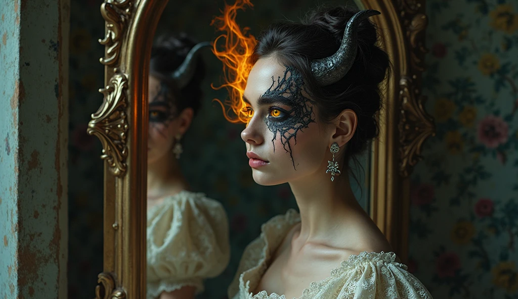 The semi-darkness is the face of an adult girl in an antique ball gown, half of the face is human, the other half is one eye burning with yellow light and one demonic horn, behind a huge mirror