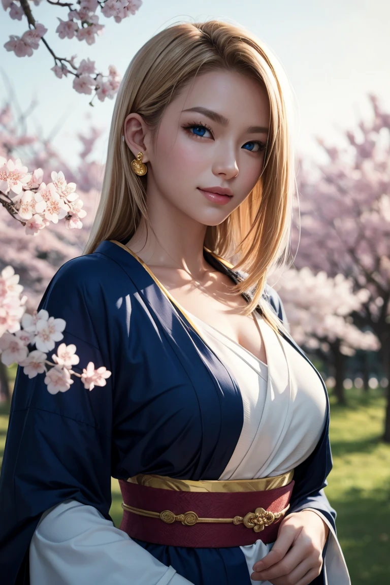 (masterpiece), best quality, expressive eyes, perfect face, front lighting, (outside japanese garden background), (standing), (happy face), (cleavage view), (1girl, Belle Delphine, milf, fair skin, blonde hair, medium length hair, wavy hairstyle, blue eyes, hourglass figure, thin body, skinny body, petite_body, medium breasts, wide hips, thick thighs), (traditional japanese lavender kimono dress, lavender kimono dress, strapless, long sleeve, exposed cleavage, jewelry, necklace, bracelets, earrings),
