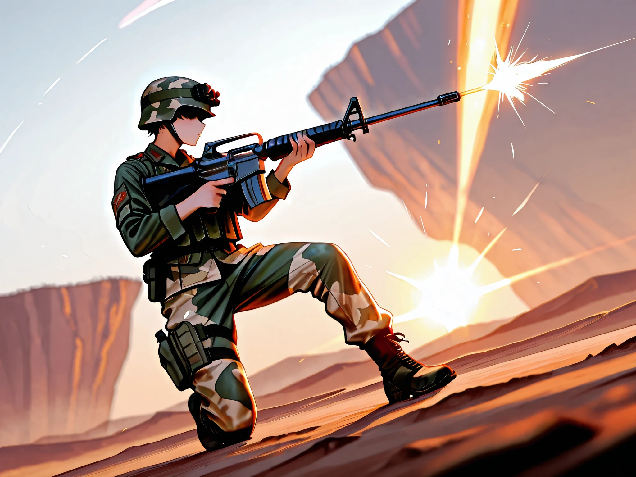 masterpiece,best quality,amazing quality, absurdres. Under the blazing sun of a vast desert firing range at Fort Bragg, a squad of U.S. Army soldiers stands at the ready, their gazes fixed with unwavering determination. Clad in camouflaged uniforms, they grip their c-m16 rifles tightly, the metal glinting in the intense light. Around them, the dry, rugged landscape stretches endlessly, punctuated only by the distant hills and the faint echo of gunfire in the air. Each soldier embodies focus and discipline, preparing to unleash a symphony of precision and power on the target ahead. Side view, Cinematic lighting, Dutch angle, depth of field.