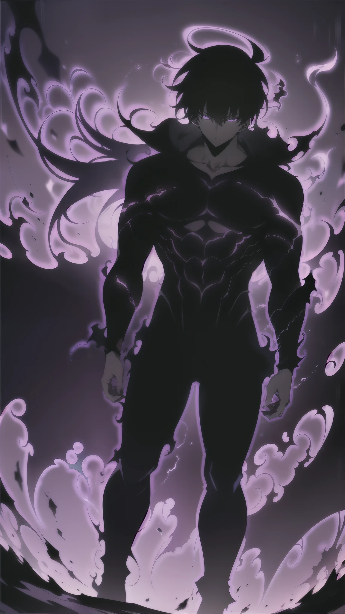 Super-detailed 8K masterpiece full-body portrait of a lone male assassin character inspired by Kaneki Ken in Tokyo Ghoul, laugh confidently, cruel, in the art style of Solo Leveling. short black hair, glowing purple eyes, pale skin , cinematic light, Strong depth of field. Black hood, rain drenched, standing alone in dark Tokyo cityscape. Hair partially covering the face, gaze attentively looking at the viewer, somber and dramatic expression. luxurious fabric motifs on clothes, ray tracing reflection, extremely sharp detail, high contrast shadow, serene atmosphere. Solitary focus, aesthetics of the core male protagonists, anime style with a modern touch, Strong.