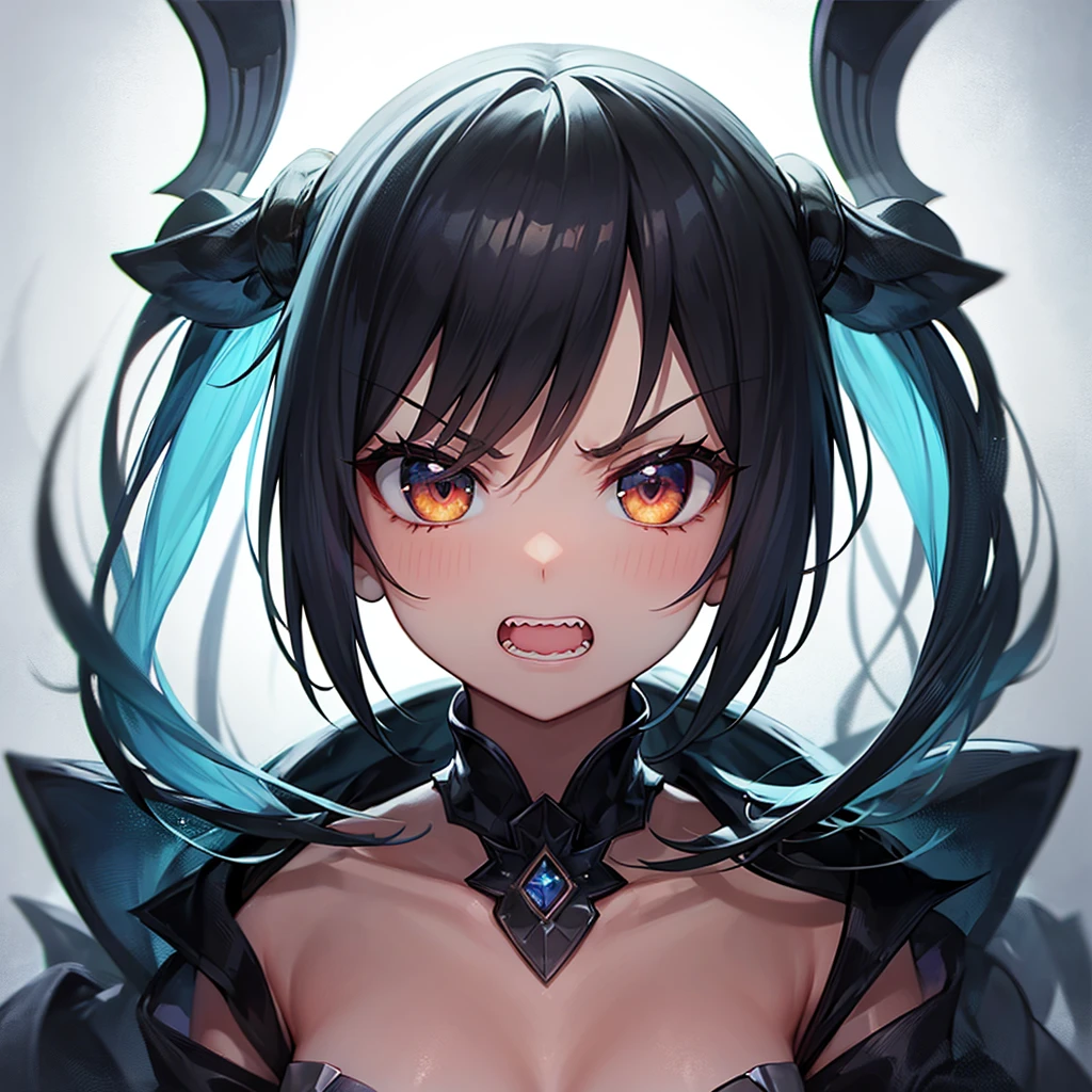((hollowfication)), monster girl, black hair, medium breasts, armor, spikes, glowing, smoke, upper body, 
