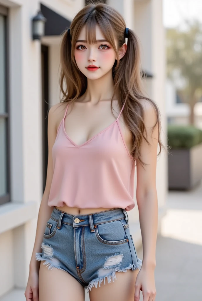best qualtiy，tmasterpiece，ultra high resolution，（Fidelity：1.4），RAW photogr，1girll，white skin, ideal tits, Peach blossom eyes，Cropped crop top，Pink off-the-shoulders, short pants, fairy, lovely