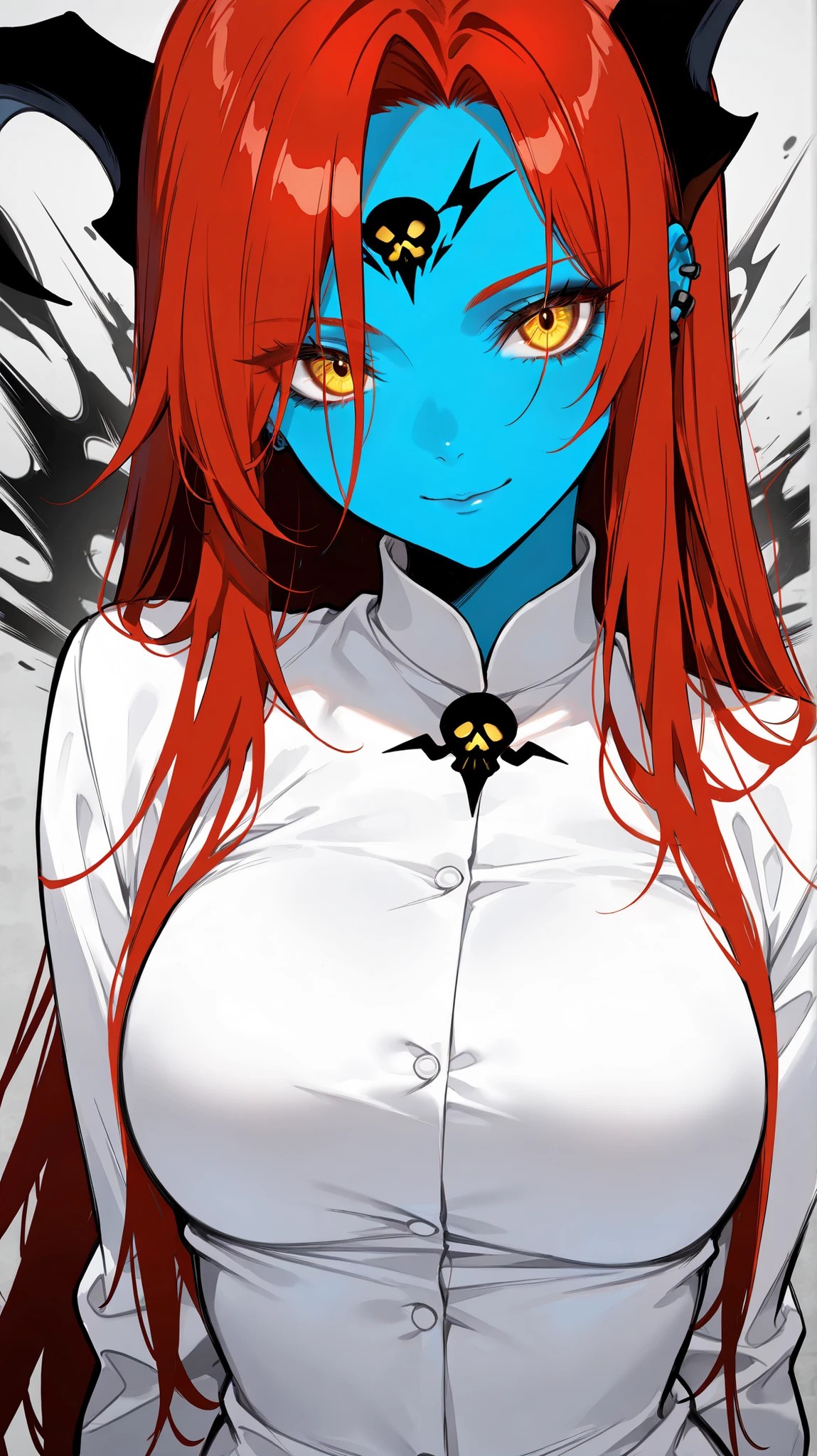 masterpiece, best quality, amazing quality, newest, very aesthetic, 1girl,Image is a digital illustration featuring a fictional character with striking features. The character has vibrant blue skin and long, flowing red hair. Her eyes are yellow with a piercing gaze, and she has a small skull accessory on her forehead. She is wearing a form-fitting white outfit with long sleeves. Her expression is confident and slightly mischievous, with a subtle smile. The background is plain white, emphasizing the character's bold colors. In the top left corner, there is a stylized logo in black, consisting of abstract shapes. The overall style is clean and modern, with sharp lines and vivid colors, typical of comic book art.