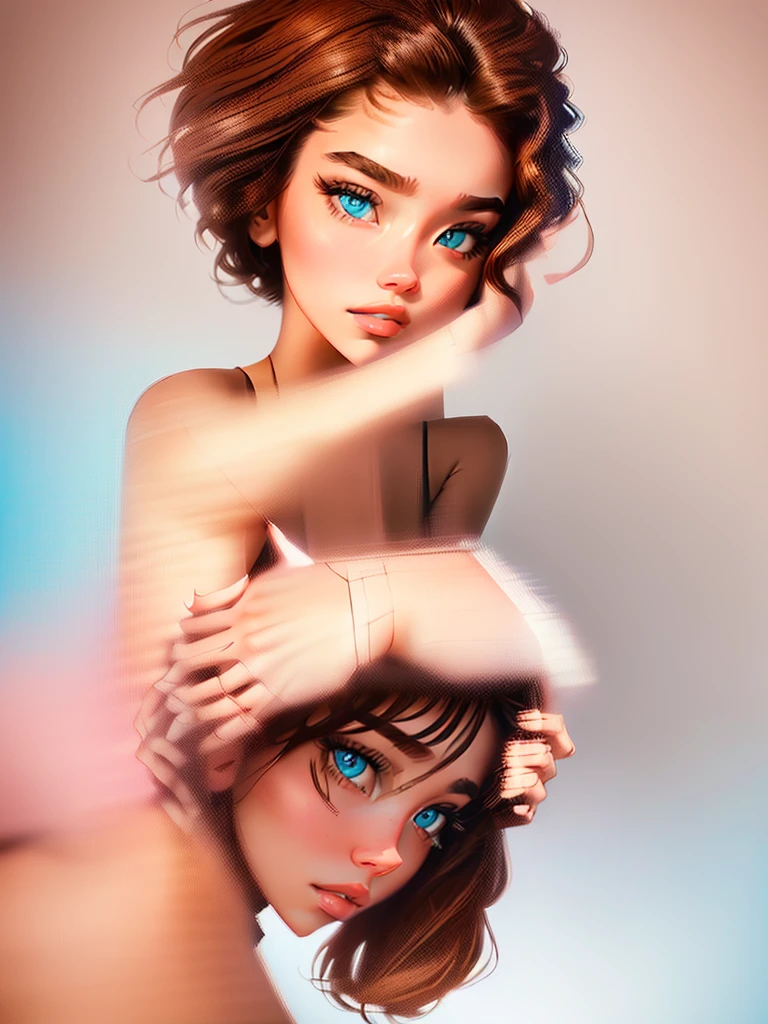 ((2heads:1.5)), (high-level image quality、high-detail、hightquality、hight resolution、Draw everything in high resolution)、Intense crystal light blue eyes、耳Nipple Ring、Look firmly at the camera、Put your ears out、Beautiful short black hair、Beautiful very short beautiful hair with bangs、beautiful decollete、Beautiful 28 years old、lipgloss、long neck、Happy smile、Beautiful teeth alignment、Beautiful teeth、Beautie、Pretty Woman、touch the lower lip with the index finger of the right hand,:2.0、Complete and perfect finger depiction