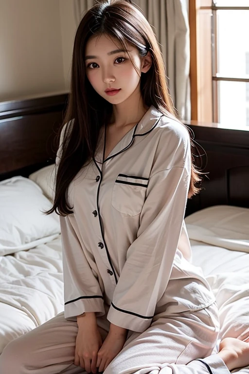 Innocent 14-year-old girl、(Wearing pajamas)、Sitting in the room、A Smile、Raw foto, (8K、Top  Quality、​masterpiece:1.2)、(delicate detail:1.4)、(Photorealcitic:1.4)、octan render、Complex 3D rendering, Ultra-detail, Studio Soft Light (Studio Soft Light), Rim Light, vibrant details, Super detailing, Realistic Skin Textures, Detail Face, Beautiful detail eyes, Highly detailed CG Unity 16k wallpapers, Makeup-, (detailed background:1.2), shinny skin、turned around、exposed thighs!!!、