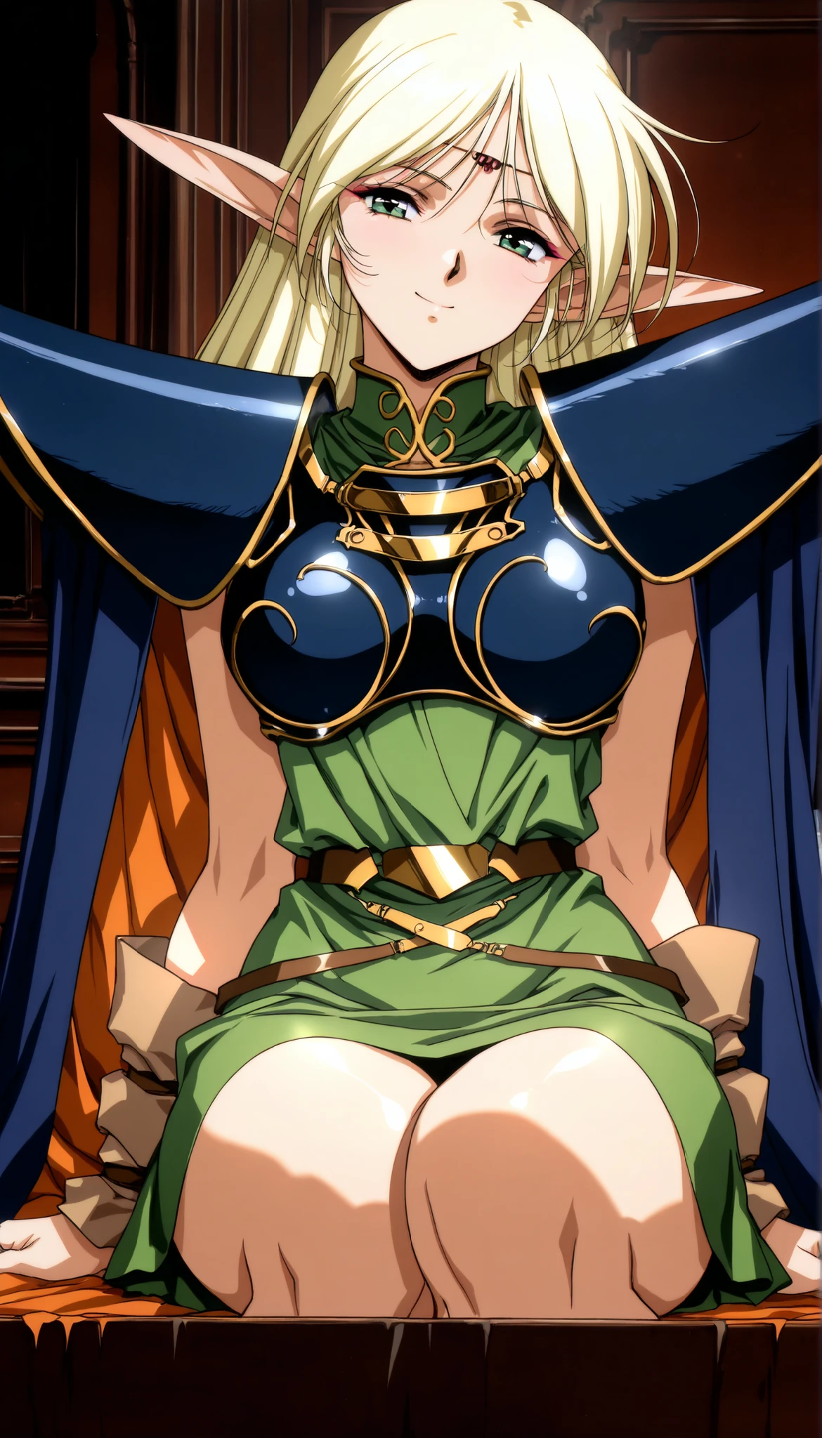 score_9, score_8_up , score_7_up , score_6_up , score_5_up , score_4_up ,anime,Clip skip :2,(masterpiece:1.3), (extremely detailed CG unity 8k wallpaper),top quality , amazing quality, high resolution, Absurd, very aesthetic, high resolution, (ultra detail), perfect detail ,( beautiful eyes:1.3),(feature large highlight:1.4),(Aesthetic Anime Eyes:1.4),24歳,1 Female, deedlit \(Record of Lodoss War\), ((Blonde, long hair)), green dress, circlet, sleeveless,shoulder armor,armor,breastplate,cloak,blue cloak,boots, smile, Eyeliner, Upper Eye Care, Big Breasts, Dramatic Lighting, Dark Fantasy , indecent vibe, bedroom background :2, cinematic composition , anime style:1.2, sitting,