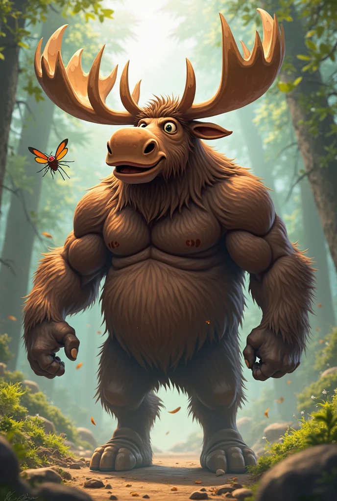 Design a 2D stylized illustration of 'Boulder,' a moose-like creature of the earth element. Boulder should be in a strong, defensive stance, with earth shards forming a shield around it. The background should feature a dense forest floor with towering trees, fallen logs, and earthy tones, creating a grounded and robust environment that reflects Boulder’s resilience and the protective nature of the earth element.