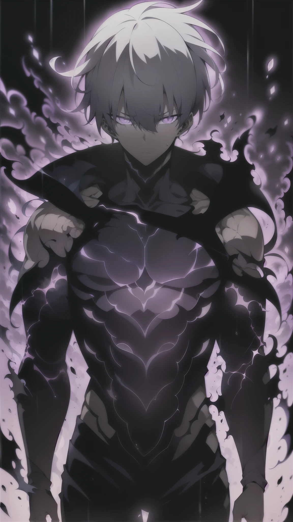 Super detailed 8K masterpiece portrait of a lone male character inspired by Kaneki Ken in Tokyo Ghoul, in the art style of Solo Leveling. short black hair, bright purple eyes, pale skin , cinematic light, Strong depth of field. Black hood, rain drenched, standing alone in dark Tokyo cityscape. Hair partially covering the face, gaze attentively looking at the viewer, somber and dramatic expression. luxurious fabric motifs on clothes, ray tracing reflection, extremely sharp detail, high contrast shadow, serene atmosphere. Solitary focus, aesthetics of the core male protagonists, anime style with a modern touch, Strong.