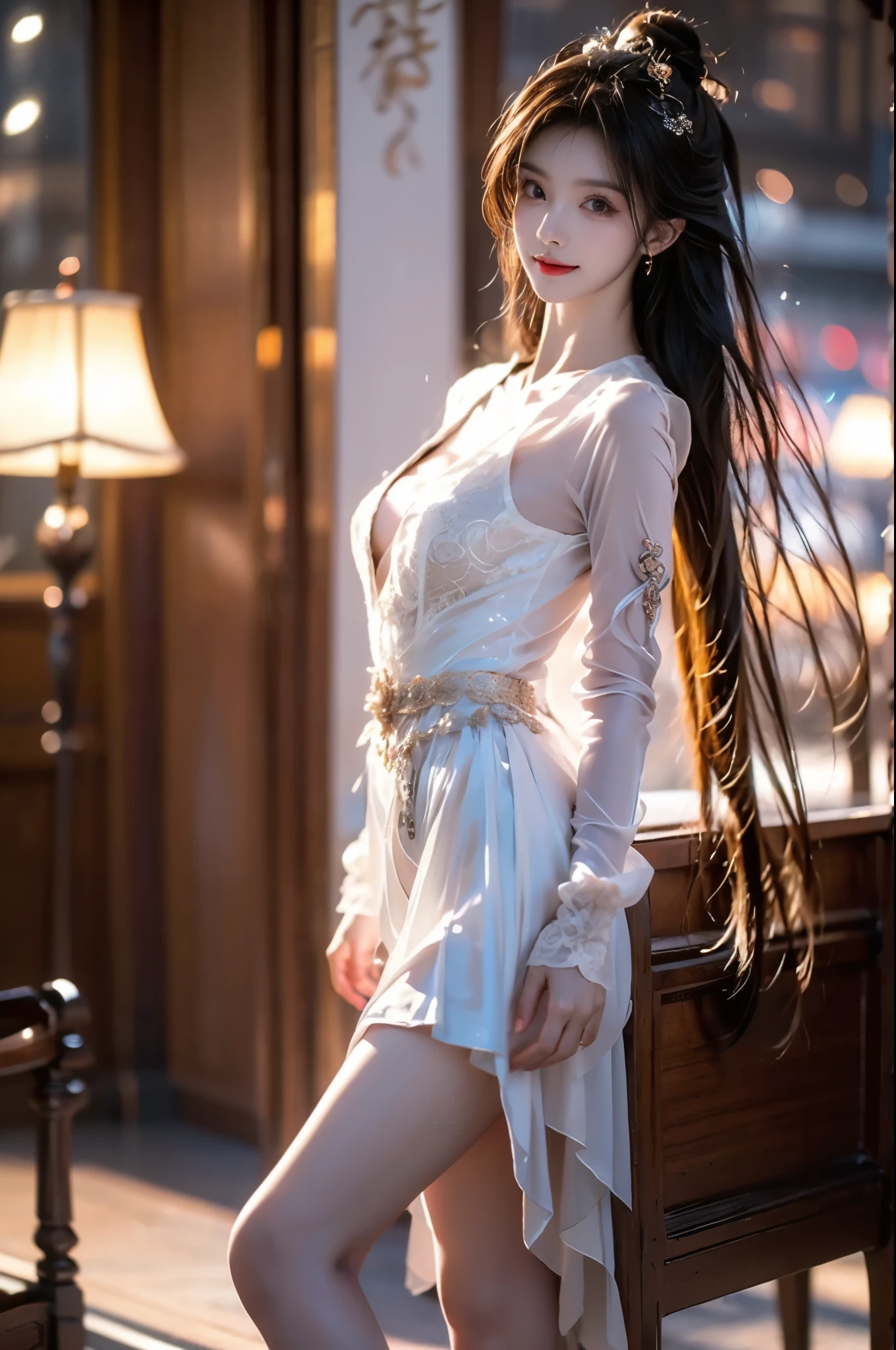 8K,highest quality,The true picture,Intricate details,Ultra-high resolution,Depth Field,,Natural soft light,Professional Lighting,1 girl,(cute:1.2),Very beautiful 17 year old girl,(Transparent and shiny light grey pantyhose) ,Cute embroidered off-shoulder mini dress,,(Brown Hair),(Semi-long hair),(bangs),Perfect Skin,Shiny skin,Pure white skin,Fine skin,((Perfect Anatomy,Nice hands,Perfect hands,Five fingers connected to the palm,Precise needles without discomfort)),Delicate legs,Perfect Proportions,,Cute white high heels,Natural posture,Thin thighs when viewed from the front,(Shooting from below at an angle)