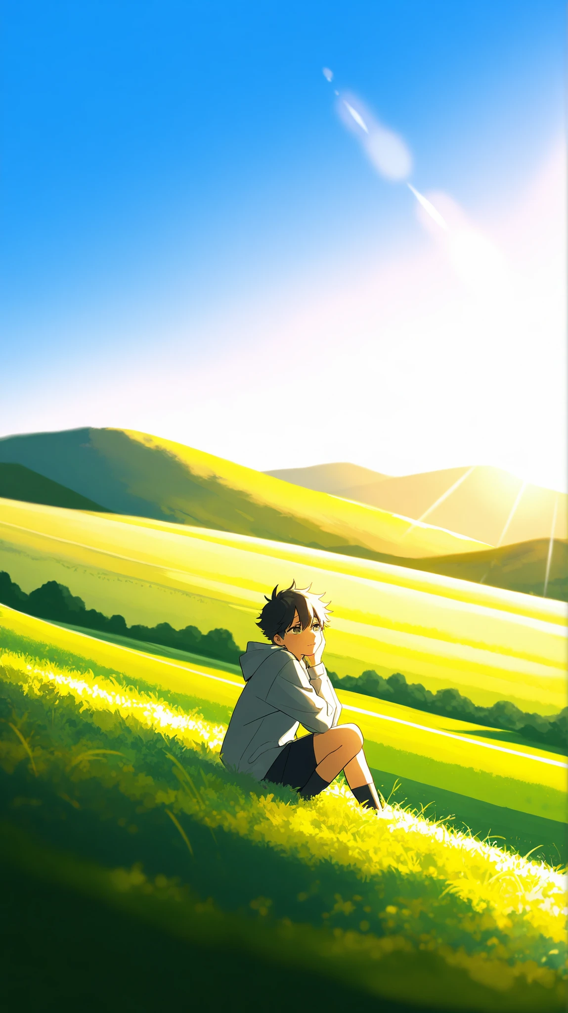 The person now stands on top of a hill or in an open field, looking at the horizon, with a peaceful expression. Sunlight gently hits their face.