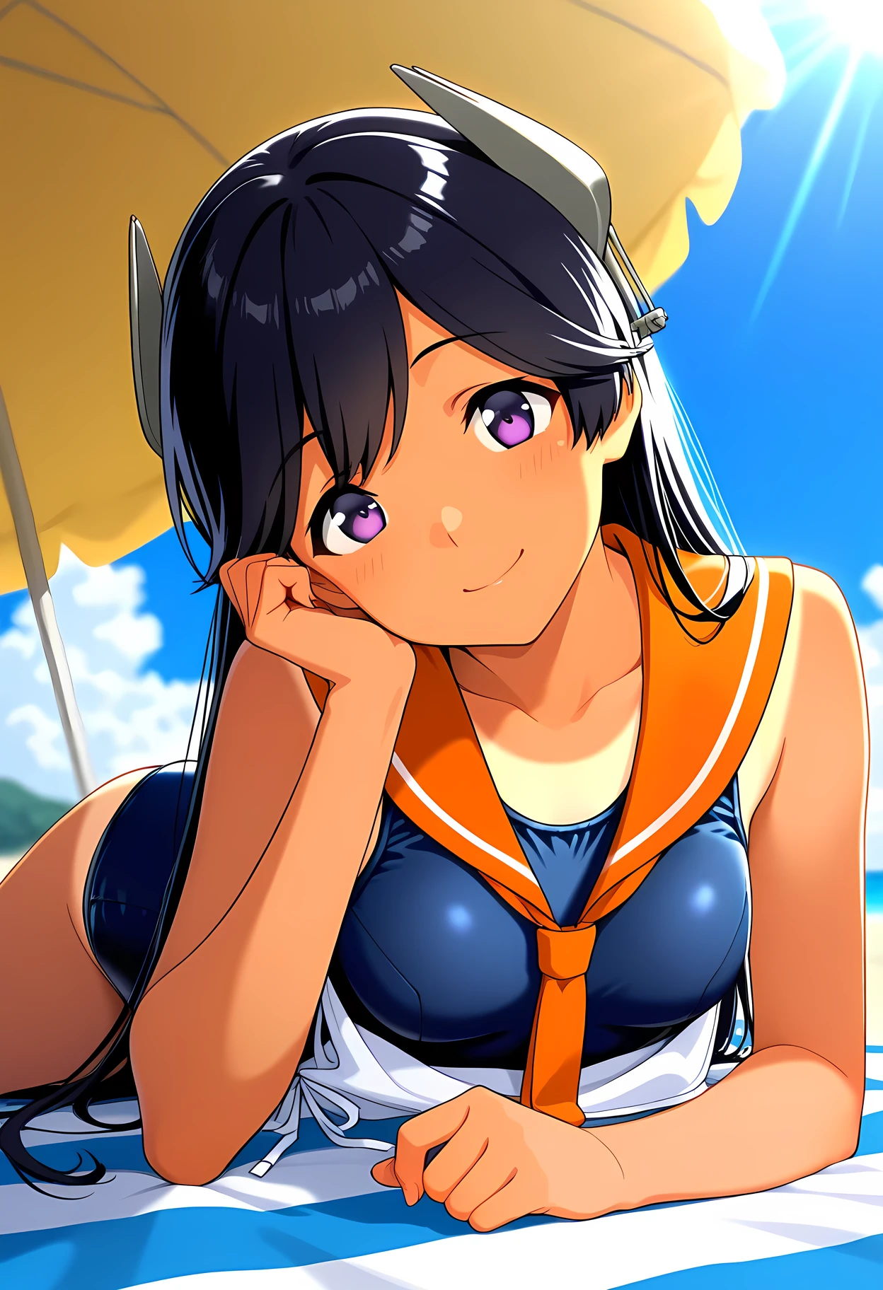 masterpiece, high resolution, ultra-detailed, absurdres, newest, very awa, anime coloring, vibrant colors, vivid colors, 1girl, solo, i-400 \(kancolle\), purple eyes, black hair, long hair, orange sailor collar, sailor shirt, white shirt, side-tie shirt, sleeveless, swimsuit under clothes, school swimsuit, old school swimsuit, tanlines, lying, on stomach, head rest, head tilt, smile, low-angle view, beach towel, parasol, beach, wave, blue sky, sunlight, depth of field, sensitive