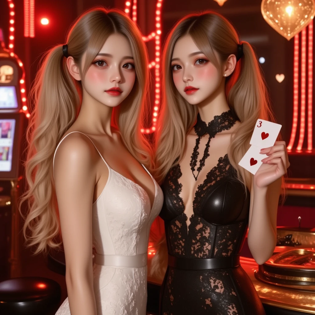 ((Top Quality, 8K, Masterpiece: 1.3)), (Hairstyle Casual, Big: 1.2), (Correct Anatomy: 2)))), (Realistic, Photorealism: 1.37), (Best Shadows) ((Hug: 1.2)), Very Beautiful Face, Very Cute, Super Slender Face, Delicate Eyes, Double Eyelids, Dark Brown Hair, Blonde, Big, (((Smiles, Blushe)), ((Two Bunny Girls Hugging in the Casino)) [(sequins, black bunny suit, rabbit ear-shaped hairband, fishnet stockings: 1.2): 5] {{{2 persons}}}, romantic lead, romance, charming, live-action movie scene, live-action movie still, movie highlight scene, perfect body, perfect arm, perfect hand, perfect finger count, background blurred