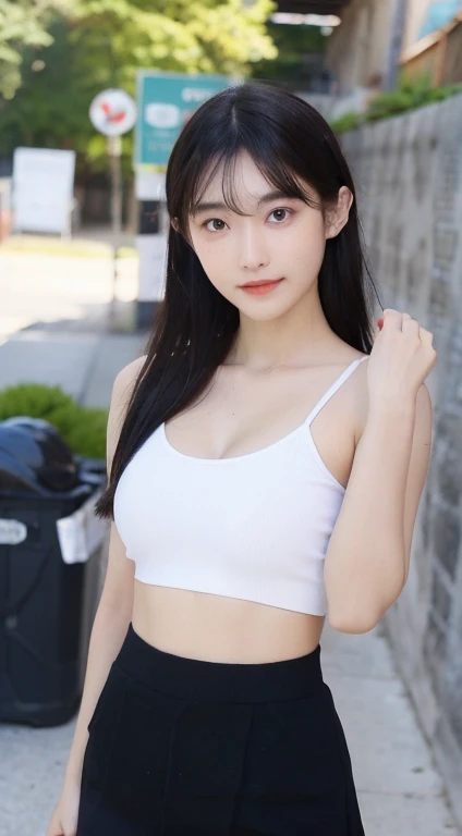 High resolution, Highest quality, super high quality, Ultra-detailed, Cinematic lighting、On the street、Sweaty、Sweat、Black-haired、Idol girl singing on the bandstand、Big smile、sunny day、Spread your legs、Spread your legs、sunny day、Full nudity、huge 、Nipples、Browsing Caution、punk