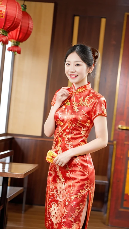 (RAW Photos:1.2), (Realistic:1.4), Beautiful detailed girl, 29-year-old,Very detailed eyes and face, Beautiful details, Ridiculous, incredibly Ridiculous, Large file size, Very detailed, High resolution, Very detailed, highest quality, masterpiece, kemomimi, ((Japanese Girls)),、 shape, Very detailed, CG, Unified, 8k wallpaper, wonderful, Fine details, masterpiece, highest quality, Very detailed CG uniform 8k wallpaper, Light on the face, Cinema Lighting,( One Girl),Feeling Face、（Big Ass）、(whole bodyショット)、((Red qipao:1.4))、 Short length, （（No sleeve））（Ample breasts:1.4）、 very, single braid、Shiny light brown hair、((Gaze Here:1.4))、（Big Smile 1:4）, (whole body), sitting on a park bench, ((Crossing your legs:1.4)), restaurant, Her panties are almost visible, but you can&#39;t see them,