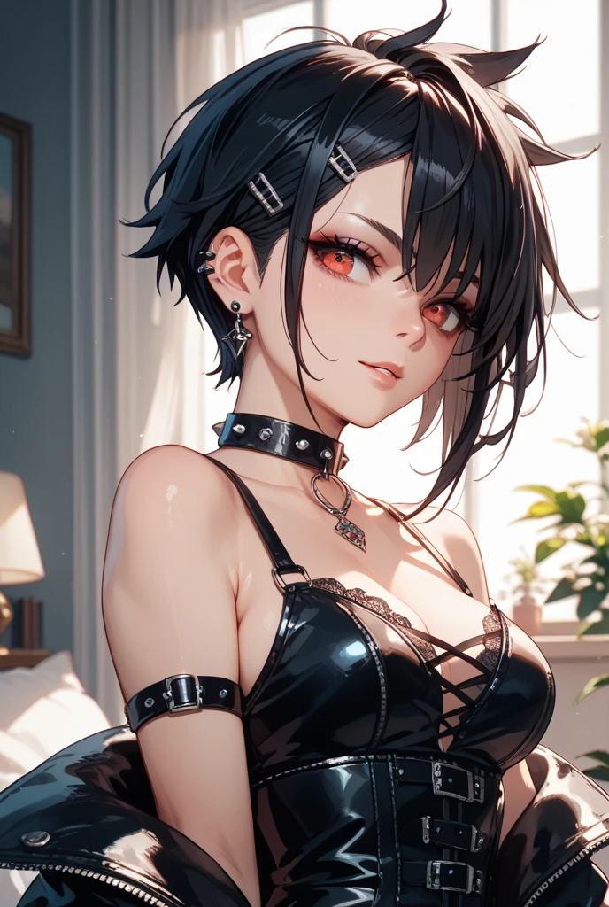 woman, Scarlett Johanssen, emo_hairstyle, red lipstick, dog collar, eyeliner, realistic lighting, short hair, black skirt. seductive look, Big breast, off shoulder midriff, sleeveless. All-fours.