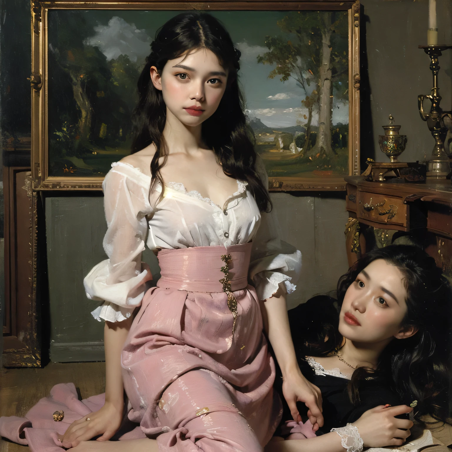 A painting of an aristocratic man sitting at his desk and talking to the A provocative and sensual portrait of a nude woman in a desperate, submissive pose. [Character Description] A 20 year old caucasian woman with an alluring figure, (((pretty breasts))), long wavy, kinky jet black ponytail hair, black stockings, is on all fours in a vulnerable, desperate expression. He is showing her something on the table with one finger. She sits near him, holding her hands behind her head. A romantic scene in the Rococo style, in the style of Jean-Baptiste Béraud, oil painting, fine art, in the Baroque style