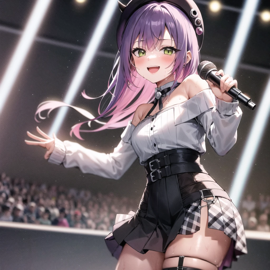 1 woman, skirts, (show off g-string detailed pantie), (hands skirt lift), from front, cowboy shot, BREAK annoyed,shoot from below,heart-symbol print panties,stage,uniform