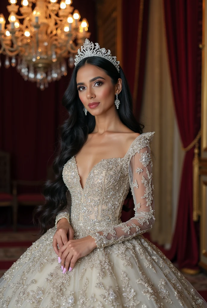 Arapefi, Purple princess dress, Look up at the camera, wearing high heels,Place your hands on your chest,Wear a crown,choker necklace,mouth opening,Close up from above,next to a window, In the castle, Sense of transparency,(oversized boobs,1.5),Expose cleavage,Turn around and look at the camera,tmasterpiece,Flawless,Sense of transparency,Empty inspiration,More details and decoration,Exposing thighs,8K,(Wear decorations such as rings,1.9),White-colored skin,Ornate ornament,White waist stockings,one-girl,(Dissection is correct,PremiumQuality, high detal, Masterpiece)