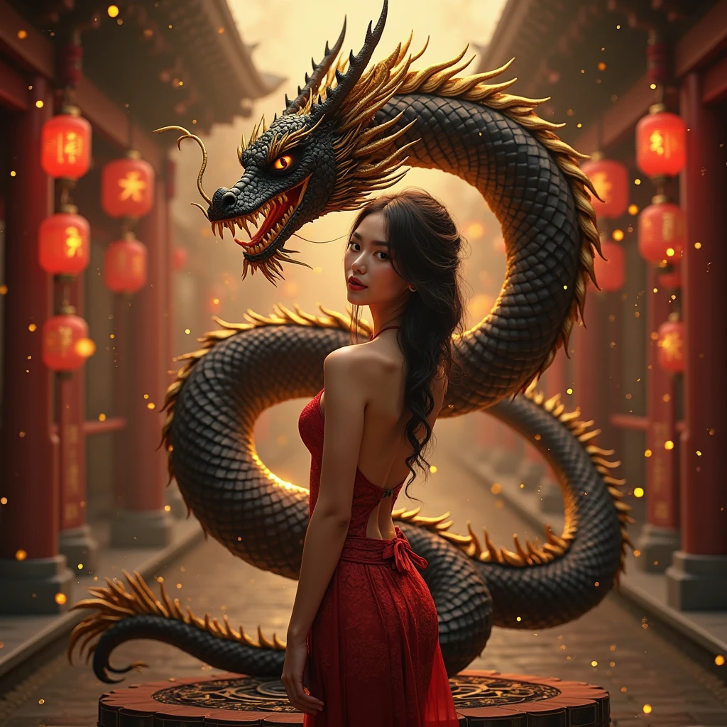 (CGI image, Chinese dragon and woman:1.3), (photo of a majestic Chinese dragon coiled around a Chinese woman:1.2), (the dragon's vibrant scales shimmering with iridescence:1.1), (intricate details of the dragon's scales, claws, and horns:1.1), (the dragon's eyes emanating an aura of ancient wisdom:1.1), (the woman adorned in traditional Chinese attire, a symbol of cultural heritage:1.1), (her attire featuring vibrant colors and elegant embroidery:1.1), (subtle wisps of incense smoke surrounding the scene, adding mystique:1.1), (the dragon's long, sinuous body gracefully entwining with the woman's pose:1.1), (the woman's serene expression depicting harmony and respect towards the dragon:1.1), (the scene set against a backdrop of a traditional Chinese landscape:1.1), (lush mountains and flowing rivers symbolizing the essence of nature:1.1), (a soft glow of sunlight filtering through the foliage, illuminating the duo:1.1), (the CGI rendering displaying lifelike textures and lighting:1.1), (the dragon's presence exuding power and protection:1.1), (a sense of unity and reverence between the mythical creature and the woman:1.1), (a celebration of Chinese mythology and cultural heritage:1.1), Cinematic, Hyper-detailed, insane details, Beautifully color graded, Unreal Engine, DOF, Super-Resolution, Megapixel, Cinematic Lightning, Anti-Aliasing, FKAA, TXAA, RTX, SSAO, Post Processing, Post Production, Tone Mapping, CGI, VFX, SFX, Insanely detailed and intricate, Hyper maximalist, Hyper realistic, Volumetric, Photorealistic, ultra photoreal, ultra-detailed, intricate details, 8K, Super detailed, Full color, Volumetric lightning, HDR, Realistic, Unreal Engine, 16K, Sharp focus, Octane render