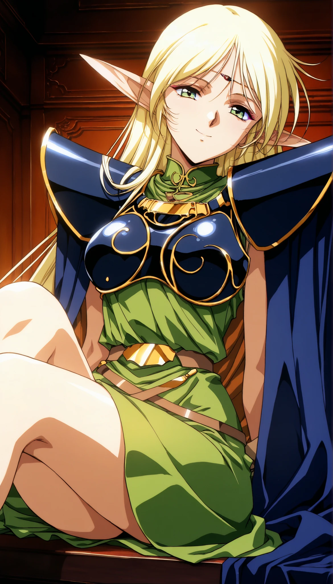 score_9, score_8_up , score_7_up , score_6_up , score_5_up , score_4_up ,anime,Clip skip :2,(masterpiece:1.3), (extremely detailed CG unity 8k wallpaper),top quality , amazing quality, high resolution, Absurd, very aesthetic, high resolution, (ultra detail), perfect detail ,( beautiful eyes:1.3),(feature large highlight:1.4),(Aesthetic Anime Eyes:1.4),(28歳),成熟した大人の女性,1 Female, deedlit \(Record of Lodoss War\), ((Blonde, long hair)), green dress, circlet, sleeveless,shoulder armor,armor,breastplate,cloak,blue cloak, smile, Eyeliner, Upper Eye Care, Big Breasts, Dramatic Lighting, Dark Fantasy ,美しい脚, indecent vibe, bedroom background :2, cinematic composition , anime style:1.2, sitting,