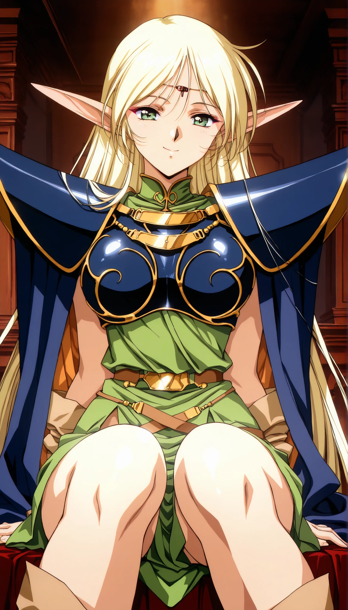 score_9, score_8_up , score_7_up , score_6_up , score_5_up , score_4_up ,anime,Clip skip :2,(masterpiece:1.3), (extremely detailed CG unity 8k wallpaper),top quality , amazing quality, high resolution, Absurd, very aesthetic, high resolution, (ultra detail), perfect detail ,( beautiful eyes:1.3),(feature large highlight:1.4),(Aesthetic Anime Eyes:1.4),(28歳),成熟した大人の女性,1 Female, deedlit \(Record of Lodoss War\), ((Blonde, long hair)), green dress, circlet, sleeveless,shoulder armor,armor,breastplate,cloak,blue cloak, smile, Eyeliner, Upper Eye Care, Big Breasts, Dramatic Lighting, Dark Fantasy ,美しい脚, indecent vibe, bedroom background :2, cinematic composition , anime style:1.2, sitting,
