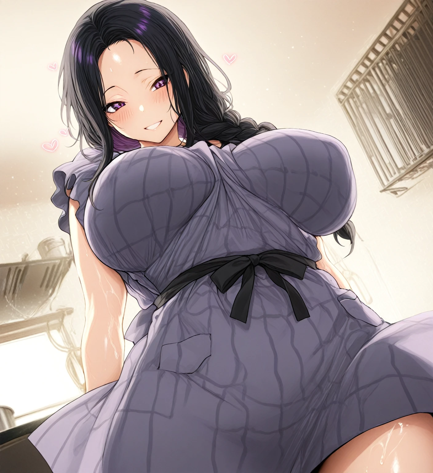 score_9, score_8_up, score_7_up, source_anime BREAK, clear face, (hinata, hyuuga hinata, purple eyes, blunt bangs, black hair, white eyes, no pupils, large breasts, standing, blush, looking at viewer, china dress, sexy, crouching, from below, cleavage, closed legs