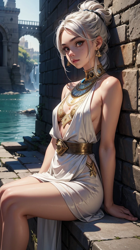 woman, goddess marble statue, silver hair, achromatic skin, White robe, Sit on a pedestal, Cracked, dark room, Empty room, peacefulness, dusty, dust flies, Smokexxx, masterpiece, highest quality, relic, epic, Mythical, fantasy