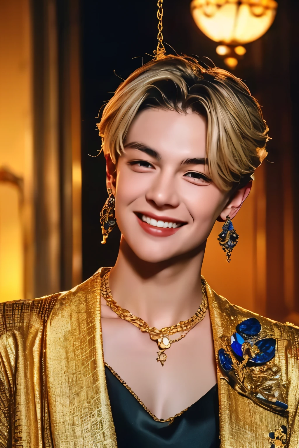 ((The blond prince with golden hanging eyes))Slender, slender jaws((金髪のOutside splash hair))Precise hands and fingers and a beautiful face((A very, very large golden hanging eye))The most beautiful boy in the world is the prince with the greatest smile(A man with beautiful, smooth, silky skin1people)Luxurious Large Gemstone Necklace(luxurious large gemstone earrings、LUXURIOUS BANGLE LOOK AT VIEWER、Male idol who opens his mouth and laughs((Medieval aristocrat fantasy costumes with luxurious, detailed patterns))