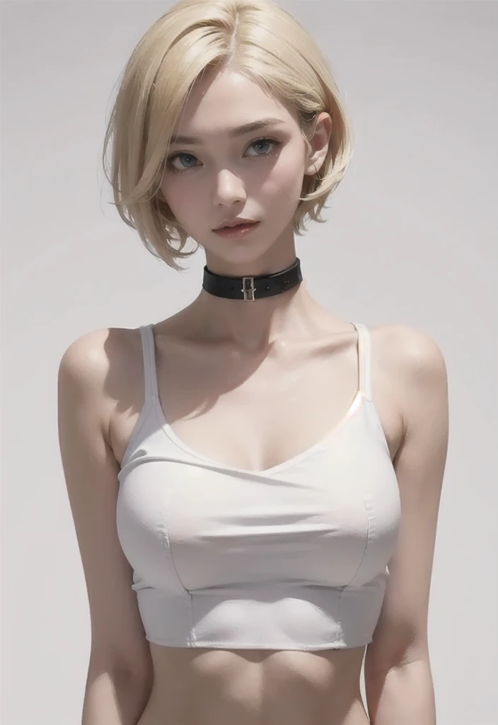 (Highest quality, 4K, 8k, High resolution, masterpiece:1.2), Very detailed, (Realistic, photoRealistic, photo-Realistic:1.37),Japanese,(Dull blonde pixie cut)woman,One Girl, (Black choker:1.0)Large Breasts,shirt、White tank top、Denim pants、Orgasm Facial、Denim jacket、bedroom、(close up face)、Turn your body towards the photographer、Face the front completely、Look ahead、ID photo、shoulder-level shot