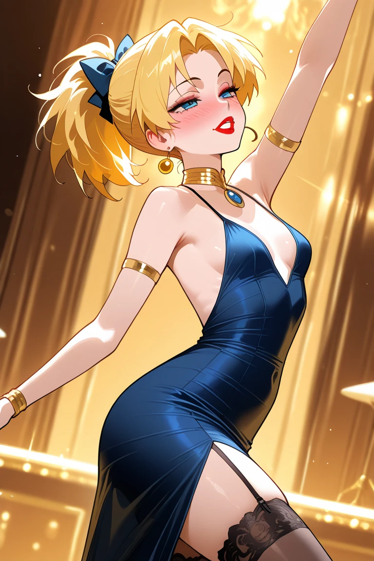 ((high detailed, best quality, 4k, masterpiece, hd:1.3)), Rosalina, blue eyes, BREAK blue eyes, seductive, attractive, sexy smile, smiling, smooth anime cg art, 36C breasts, long legs, vivid colors, detailed digital art, slim body, perfect skin, blonde hair, hair over one eye, long hair, BREAK crown, cleavage, 36C cleavage, looking at viewer, BREAK looking at viewer, extremely detailed face, golden dress, golden dress, golden dress with sparks, gold dress, shiny gold dress, earrings, star earrings, jewelry, gem, dark black makeup lips, dark gothic eyeshadows, dark eyeshadows, black eyeshadows, black sexy lips, black lips, (dark:1.2), dark lips, very dark lips, (perfect hands, perfect anatomy), black makeup, black medium lips, black thick lips, detailed fingers, five fingers per hand, 5 fingers, (1 girl), detailed lips, detailed black lips, black painted lips, gothic painted lips, BREAK night, night sky, sky, star \(sky\), star \(symbol\), space, sun, (breast focus), (arms behind back:1.2), (breasts out:1.3), (off shoulder:1.1), (((With your back turned:1.5, Looking Back Pose))), ((Looking back)), (from behind: 1.1)