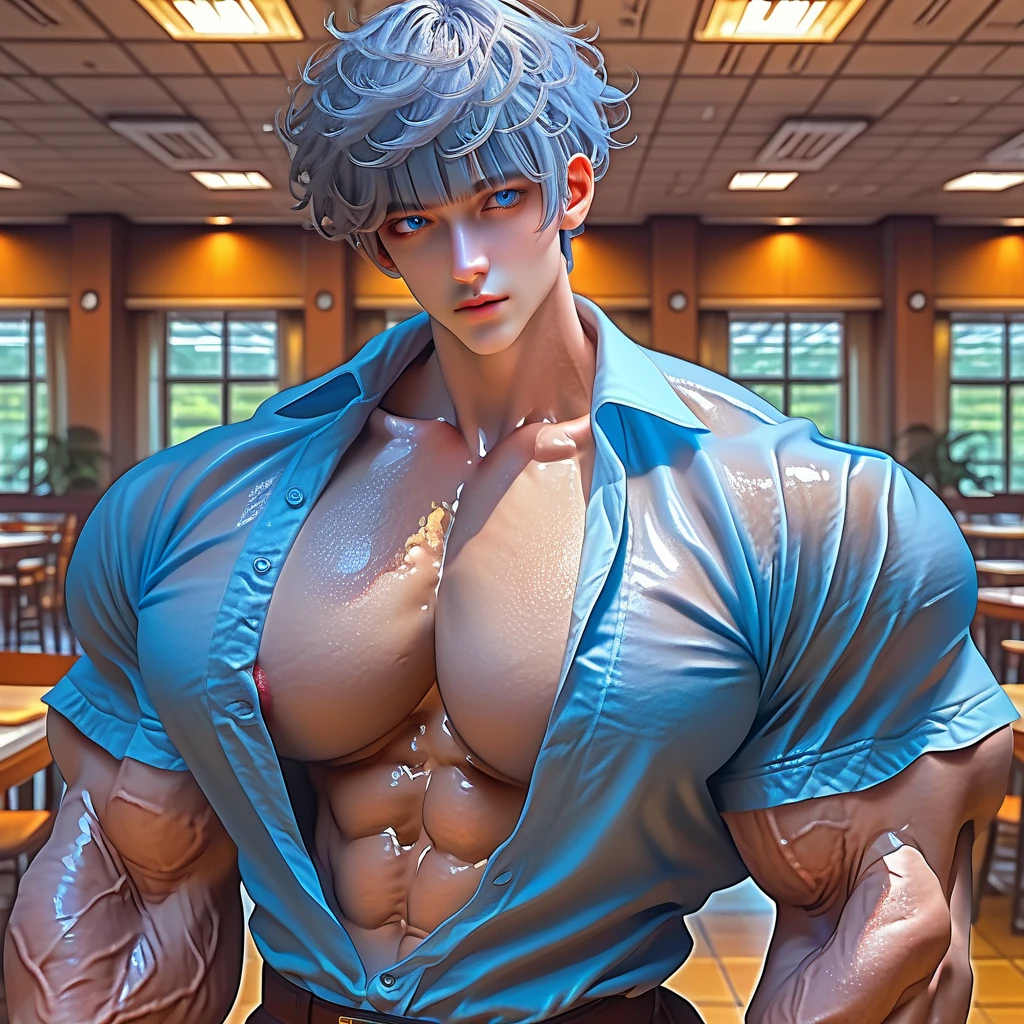1boy, adult, handsome, perfect face, detailed eyes and face, clean shaved, muscular, capturing a rural atmosphere, dynamic lighting, unreal engine 5, hd picture, satoru gojo, white hair, short hair ,hair between eyes ,blue eyes, hold a drink bottle