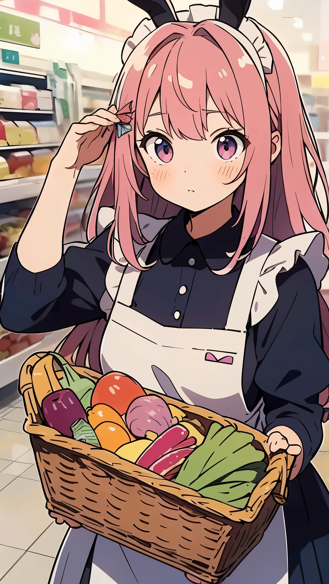 Bunny ears, pink hair, big and voluminous hair, maid, maid apron, deep blue shirt, shopping basket, buying vegetables, thinking about what to buy, tilt one's head