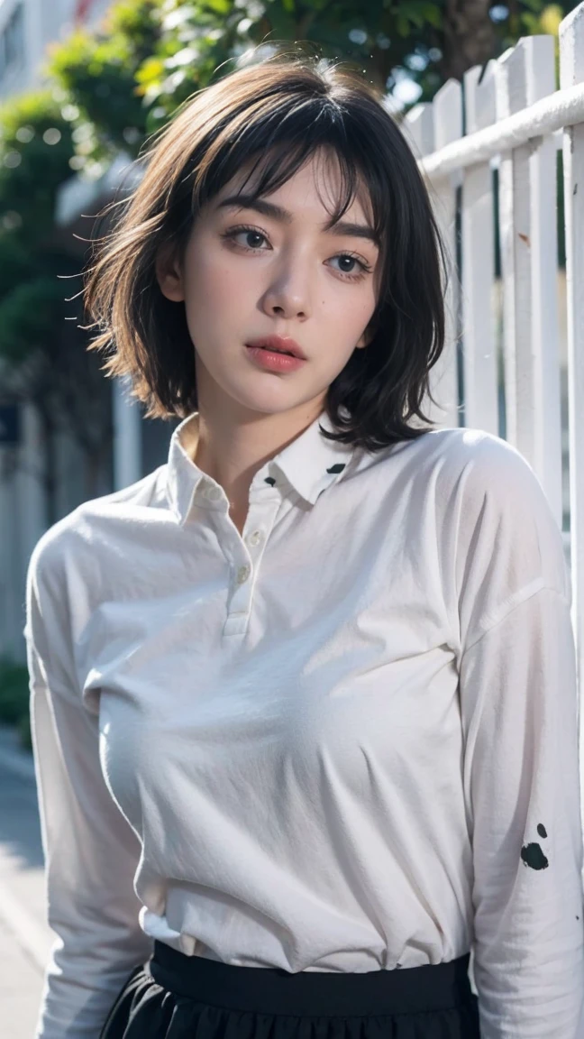 Highest quality、masterpiece、Ultra-high resolution、(Realism:1.4)、1 girl、In a pale background、Deep Shadow、Low Key、Shortcuts、Upper Body、sex appeal、Wearing a cotton T-shirt、Clothes are not see-through